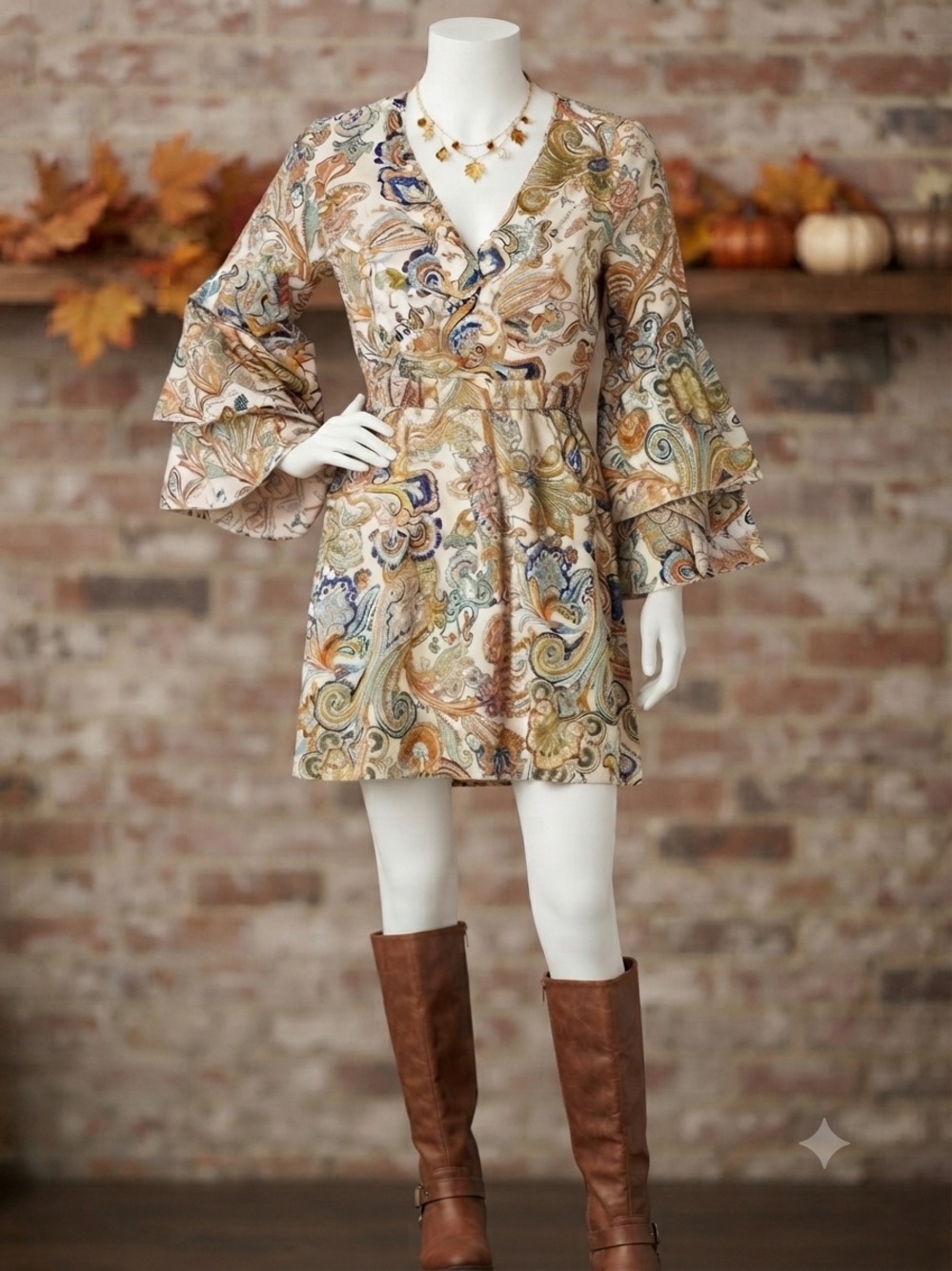 Bohemian Paisley Bell Sleeve V neck Cream/Blue/Orange Size M